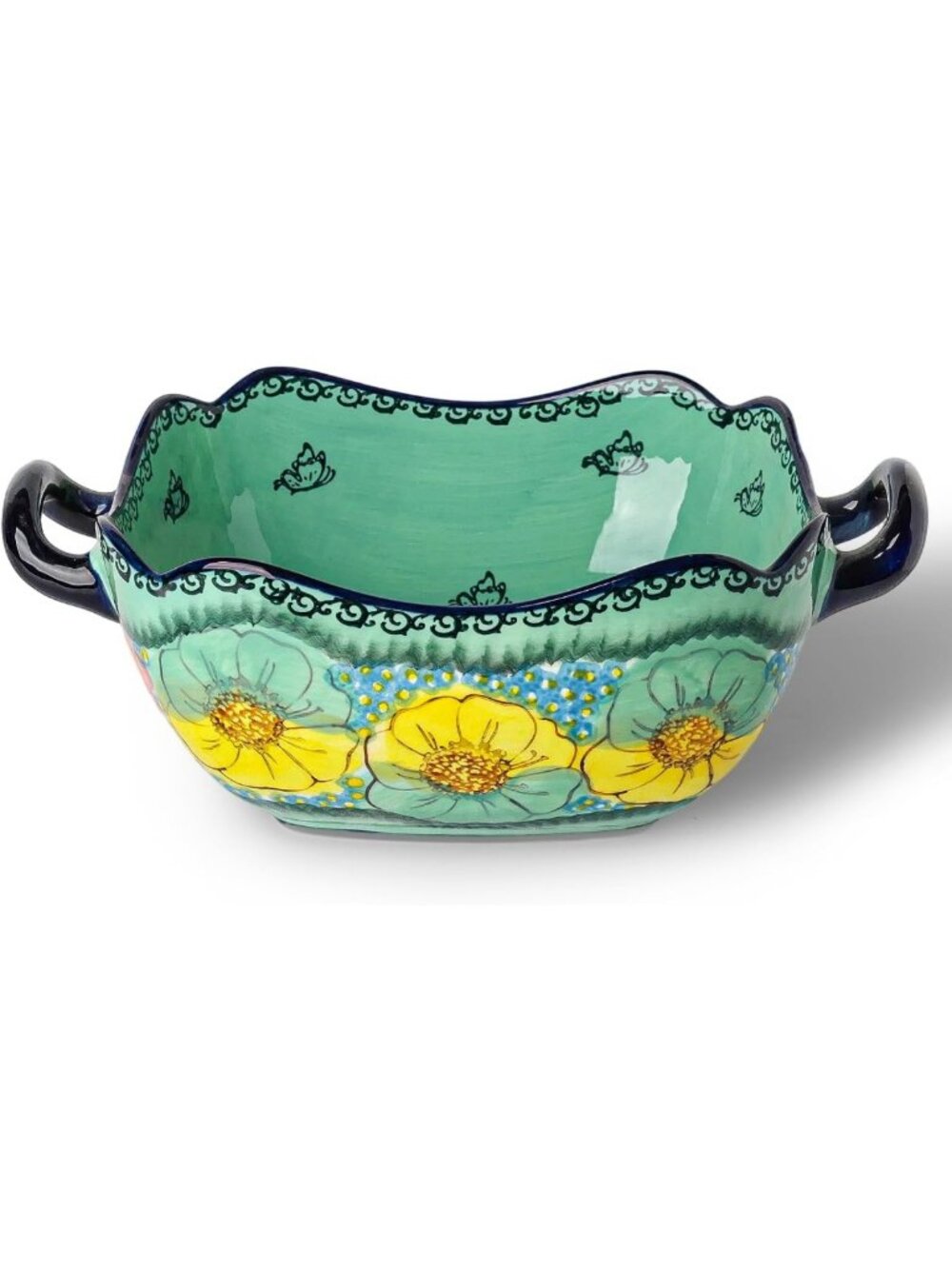Hand-Painted 47 oz Serving Bowl with Handles - Floral Green Design, Kitchen